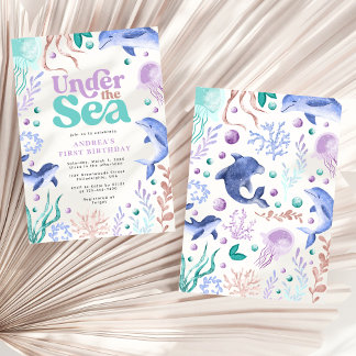 Modern Under the Sea Dolphin Retro First Birthday Invitation