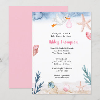 Modern Under the Sea Stork Pink  Invitation