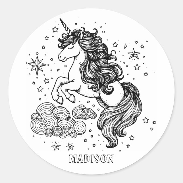 Modern Unicorn Kids Personalized Colouring Classic Round Sticker (Front)