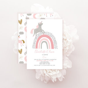 Modern Unicorn Rainbow Muted Pink 1st Birthday Invitation