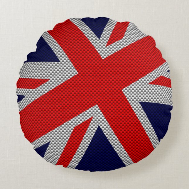 Modern Union Jack on Carbon Fibre Style Print Round Pillow (Front)