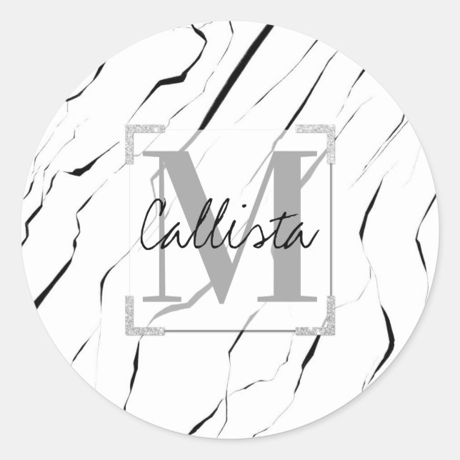 Modern Unique Black White Marble Monogram Classic Round Sticker (Front)