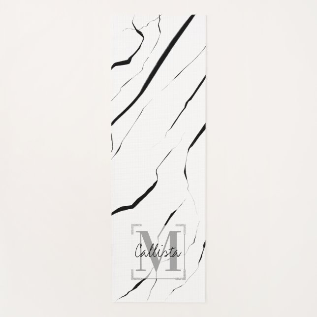 Modern Unique Black White Marble Monogram Yoga Mat (Front)