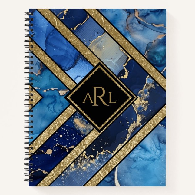 Modern Unique Blue Gold Geometric Personalized Notebook (Front)