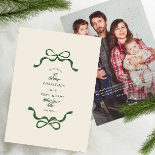Modern Unique Christmas Bows Cream & Green Photo Holiday Card