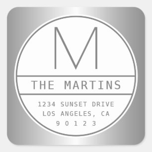 Modern Unique Faux Silver Grey Address & Monogram Square Sticker