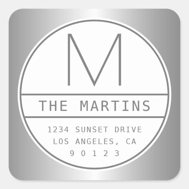 Modern Unique Faux Silver Grey Address & Monogram Square Sticker (Front)
