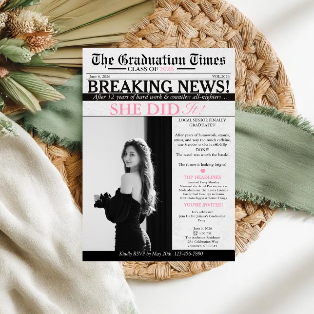 Modern Unique Fun Photo Newspaper Graduation  Invitation (Creator Uploaded)