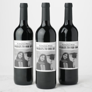 Modern unique funny photo newspaper graduation wine label