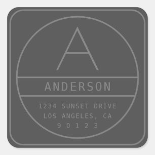 Modern Unique Grey Address & Monogram Square Sticker