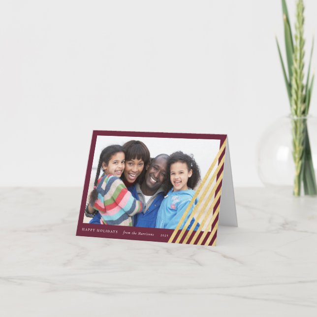 Modern Unique Holiday 1-Photo Card | Red and Gold (Front)