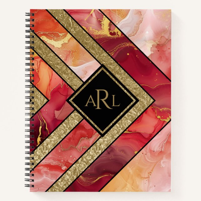 Modern Unique Red Gold Geometric Personalized Notebook (Front)