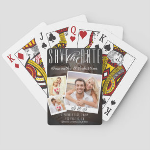Modern Unique Script 3 Photo Wedding Save The Date Playing Cards