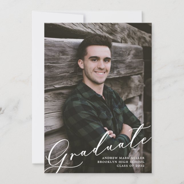 Modern Unique Script Overlay Two Photo Graduation  Announcement (Front)