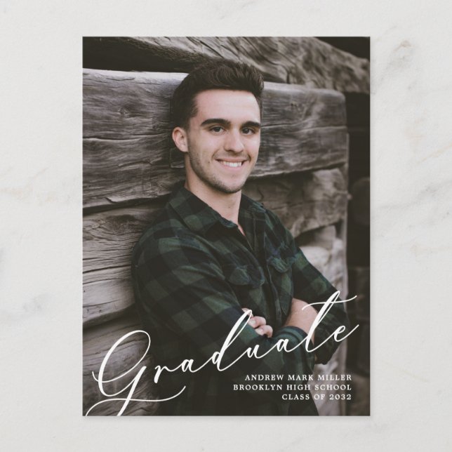 Modern Unique Script Overlay Two Photo Graduation Announcement Postcard (Front)