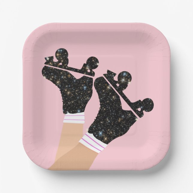 Modern Universe Roller Skates Derby Pink Party Paper Plate (Front)