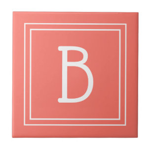 Modern Updated Monogrammed Coral & White Initial Tile