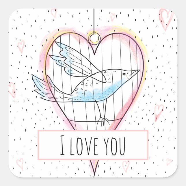 Modern Valentine’s Love Heart and Bird Square Sticker (Front)