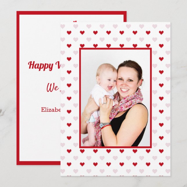 Modern Valentine's Day Hearts Photo Custom Red Holiday Card (Front/Back)