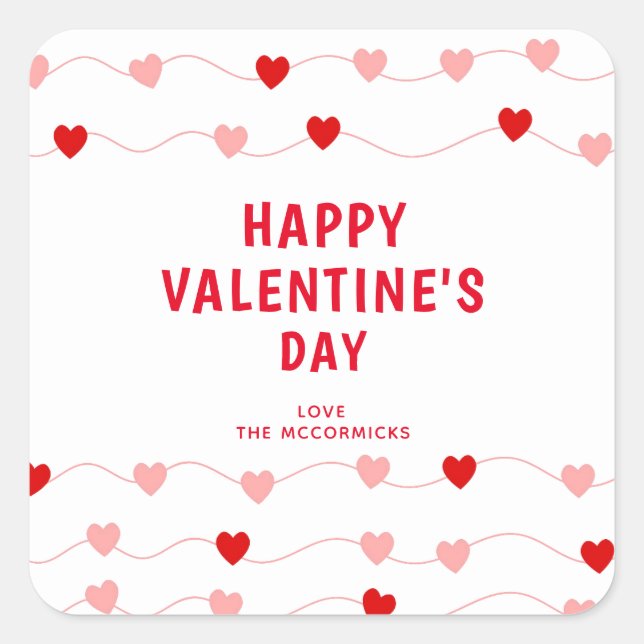 Modern Valentines Day Red Hearts Personalized Square Sticker (Front)