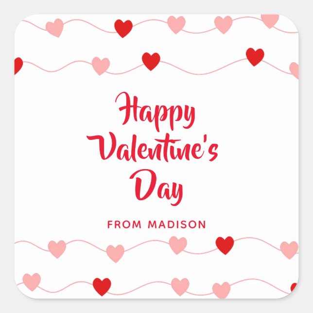 Modern Valentines Day Red Pink Hearts Personalized Square Sticker (Front)