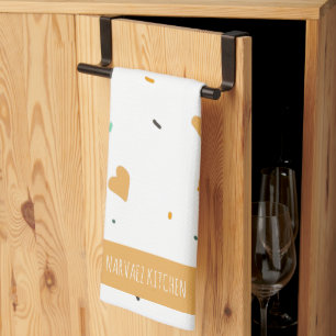 Modern Valentines Day Sprinkle Hearts Mustard     Kitchen Towel