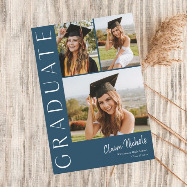 Modern Vertical 3 Photo Collage Graduation Invitation (Blue Modern Typography 3 Photo Graduation Invitations.)
