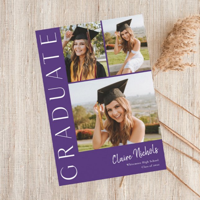 Modern Vertical 3 Photo Collage Graduation Invitation (Purple Modern Typography 3 Photo Graduation Invitations.)