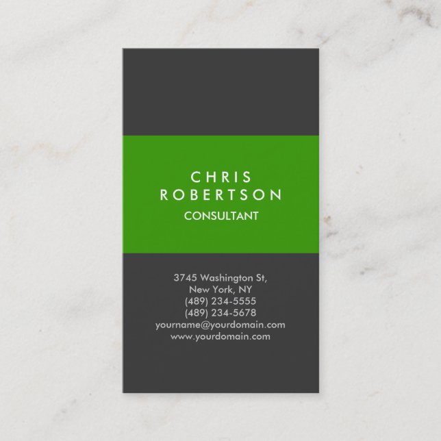 Modern Vertical Green Grey Minimal Business Card (Front)
