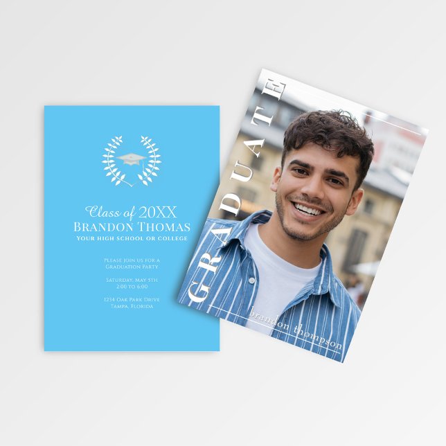 Modern Vertical Name Graduation Photo Announcement (Modern graduation card with vertical name text and full photo layout)