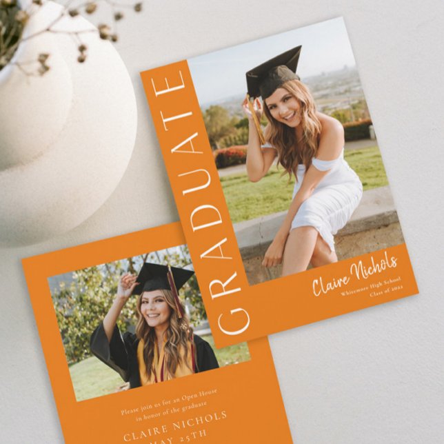 Modern Vertical Orange Photo Graduation Invitation (Modern Orange Photo Graduation Invitation.)