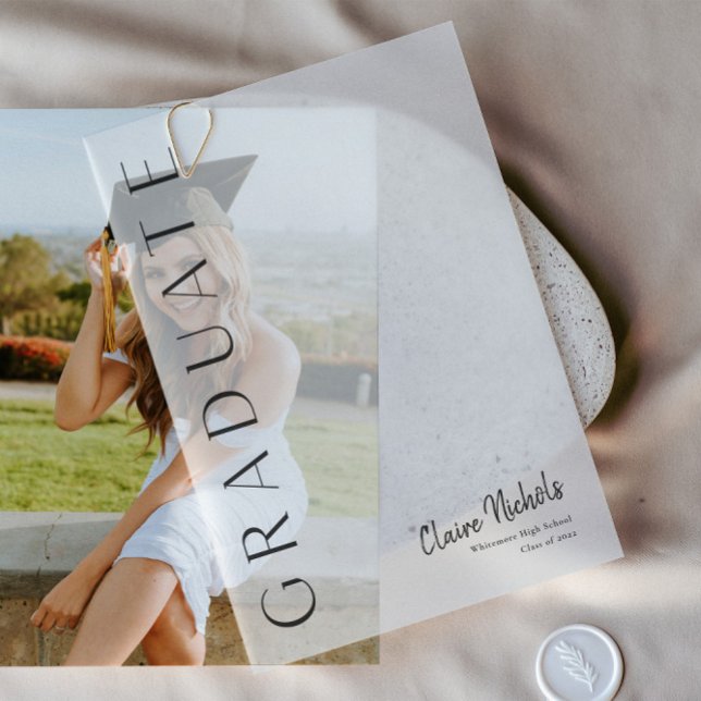 Modern Vertical Photo Graduation Vellum Invitations (Modern typography vellum graduation announcements.)