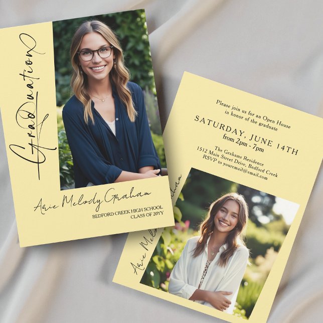 Modern vertical script photo graduation invitation (Creator Uploaded)