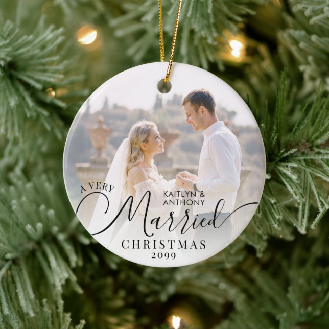 Modern Very Married Christmas 2 Photo Black White Ceramic Ornament (Tree)
