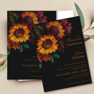 Modern Vibrant Black Burnt Orange Floral Wedding Invitation
