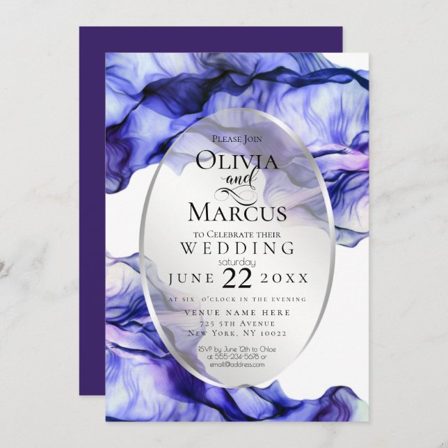 Modern Vibrant Navy Plum Abstract Ink Invitation (Front/Back)