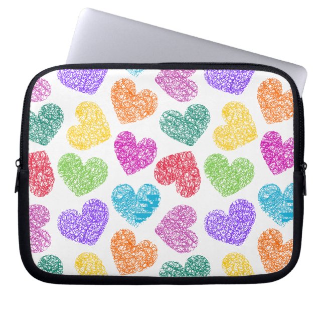 Modern Vibrant Rainbow Doodle Hearts Cute Pattern Laptop Sleeve (Front)