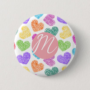 Modern Vibrant Rainbow Doodle Hearts Monogrammed 2 Inch Round Button
