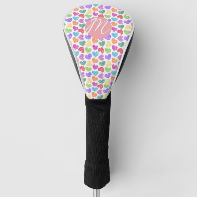 Modern Vibrant Rainbow Doodle Hearts Monogrammed Golf Head Cover (Front)