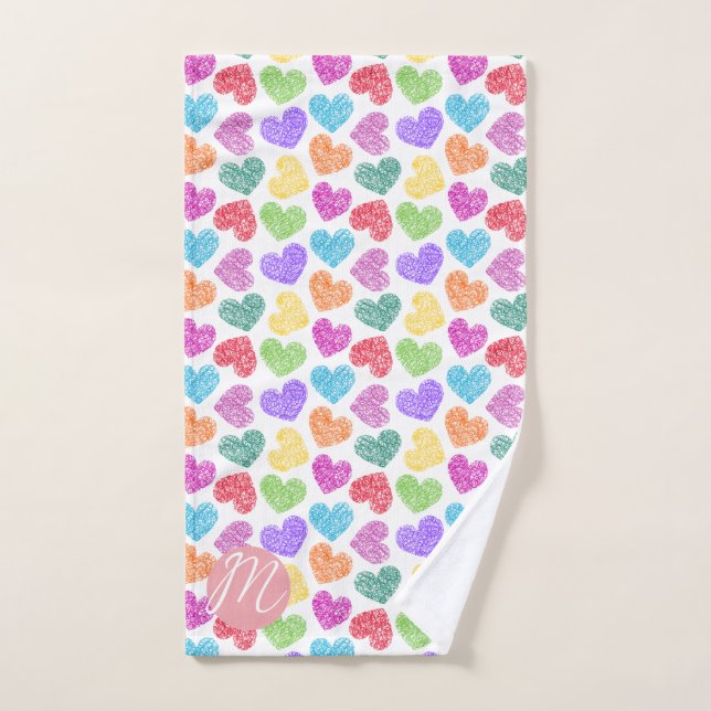 Modern Vibrant Rainbow Doodle Hearts Monogrammed Hand Towel (Hand Towel)