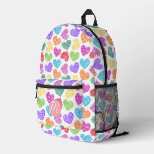 Modern Vibrant Rainbow Doodle Hearts Monogrammed Printed Backpack