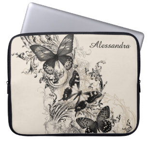 Modern Victorian Black Butterfly Personalized Laptop Sleeve
