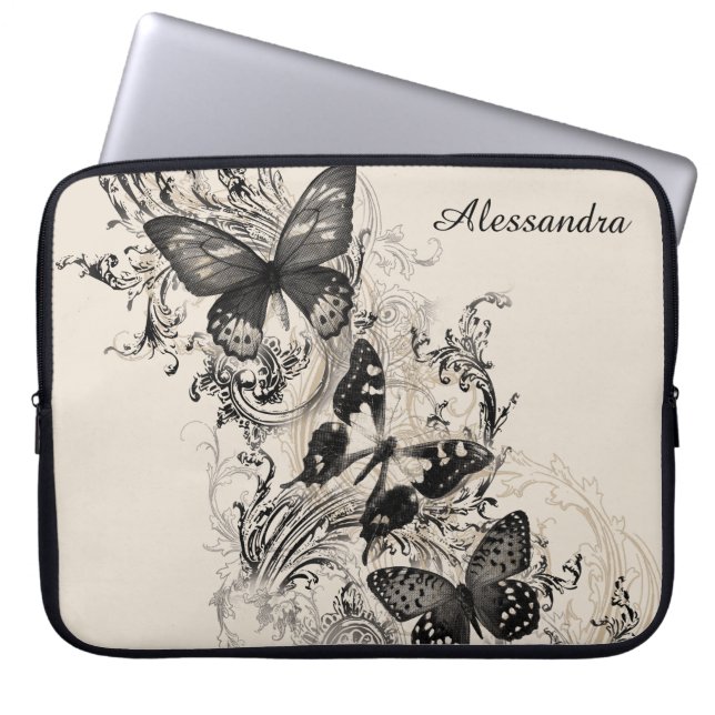 Modern Victorian Black Butterfly Personalized Laptop Sleeve (Front)