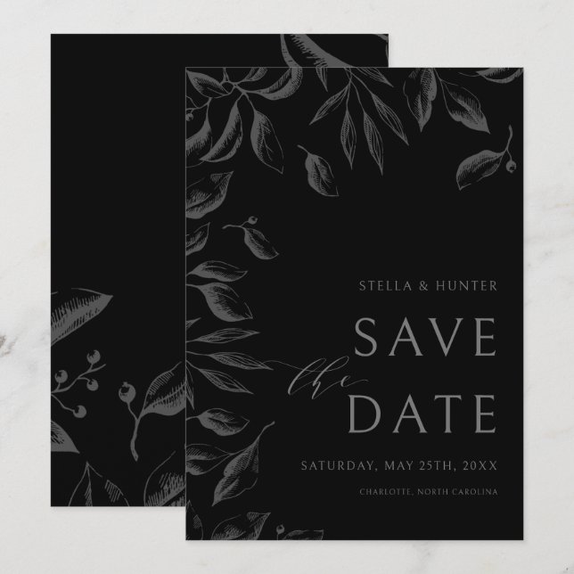 Modern Victorian Monochrome Greenery Save the Date (Front/Back)
