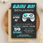 Modern Video Game Aqua Kids Birthday Party Invitation<br><div class="desc">This modern kids birthday party invite features a cool aqua and white video game controller and modern typography. Simply add your event details on this easy-to-use template to make it a one-of-a-kind invitation. Flip the card over to reveal an aqua and grey stripes pattern on the back of the card....</div>