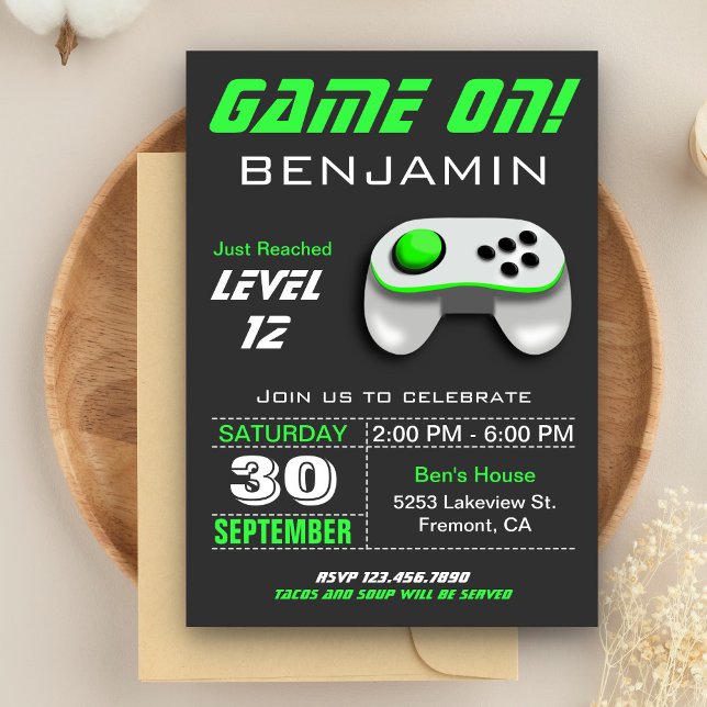 Modern Video Game Green Kids Birthday Party Invitation (Creator Uploaded)
