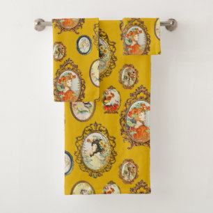 Modern Vintage Art Nouveau Girls Flowers Yellow Bath Towel Set
