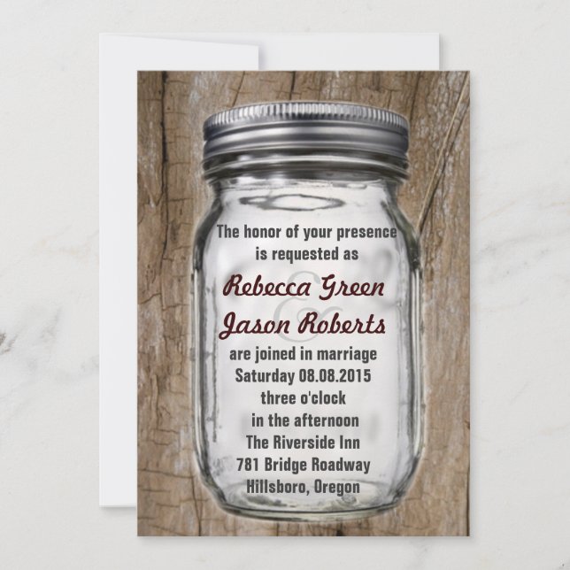 modern vintage barnwood country  mason jar wedding invitation (Front)