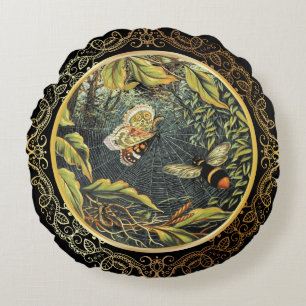 Modern Vintage Bee & Butterfly In Spider's Web Round Pillow