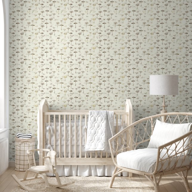 Modern Vintage Beige White Mushrooms  Wallpaper (Kids)